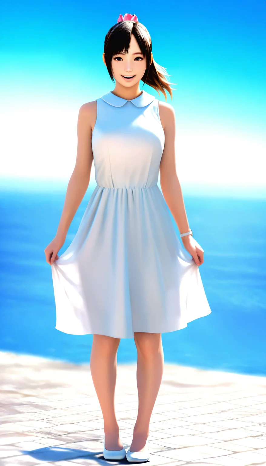 masterpiece,best quality,amazing quality,
<lora:miiyamotohikariNAI:1>,miiyamotohikari,realistic,
1girl,solo,black hair,ponytail,bangs,pink scrunchie,brown eyes,sleeveless white dress,white wristwatch,white flat shoes,standing,full body,parted lips,flowing hair,smile,looking at viewer,flowing skirt,day,sea,soft lighting,bloom,light particles,