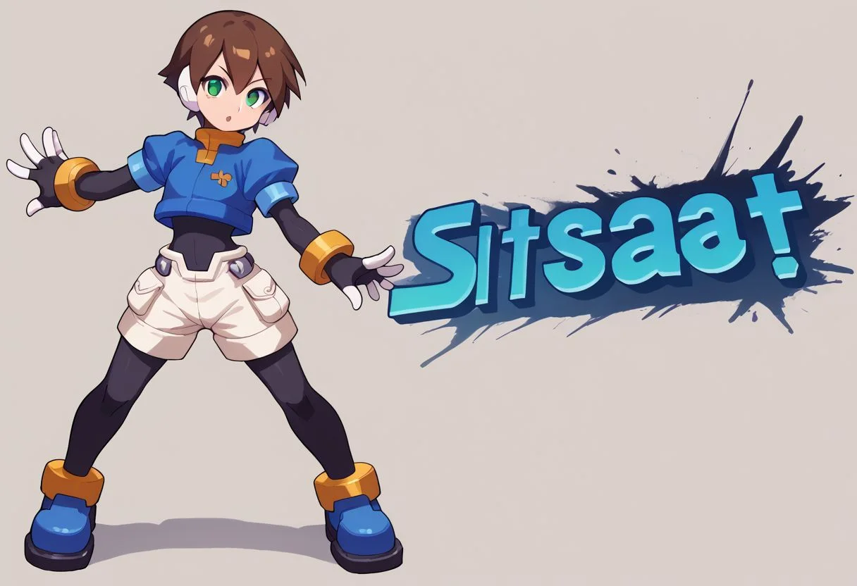 score_9, score_8_up, score_7_up, source_anime, SSBUSplashArt, english text, <lora:SSBUSplashArt_XLPD_1:1.4>, <lora:PlasticChair_XLPD:1>, 1girl, small breasts, brown hair, short hair, green eyes, robot ears, black bodysuit, fingerless gloves, blue Cropped Jacket, cropped jacket, short sleeves, bracelet, shorts, anklet, shoes, blue footgear, henshin pose, arm up, looking at viewer, legs apart, outstretched arm, standing