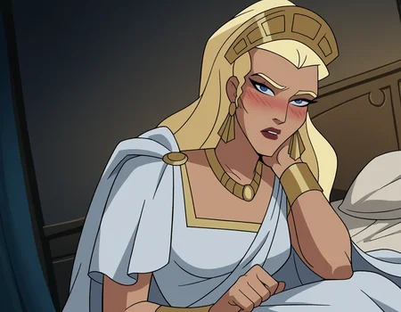 score_9, score_8_up, score_7_up, source_anime,
hippolyta, <lora:hippolyta-dcau-ponyxl-lora-nochekaiser:1>,
hippolyta, long hair, blue eyes, blonde hair, makeup, lipstick,
dress, jewelry, earrings, cape, white dress, necklace, crown, tiara,
indoors, bed, bed room, on side, blush, drunk,
cowboy shot, looking at viewer, solo, dutch angle,