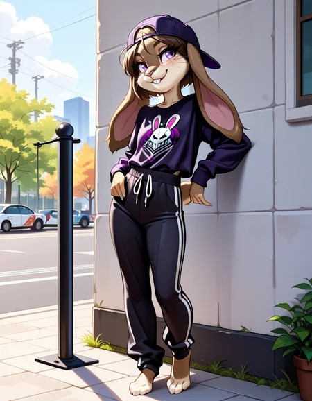 masterpiece, best quality, very aesthetic, absurdres,
outdoors, streetwear,  
barefoot, full body, posing, standing, 
seductive smile, parted lips, long eyelashes,
<lora:Nicole_Meadowsong_v01_NAIXL:1>
N1c013,1girl,solo,furry,furry female,rabbit girl,brown hair,backwards hat,short hair,rabbit ears,purple eyes,snout,animal nose,whiskers,buck teeth,body fur,two tone fur,brown fur,grey fur,rabbit tail,