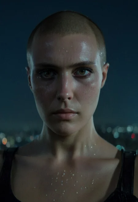 Buzzcut, no hair, bald, Blade Runner style, cinematic film still, (Skin Texture, pores, natural,iPhone,RAW)), natural lighting, Highest Quality closeup Portrait photo of a woman with a ((buzzcut)), silver eyes, Nikon Z9, realistic matte skin, blurry city in the background, at night, moody, epic, gorgeous, 8K,