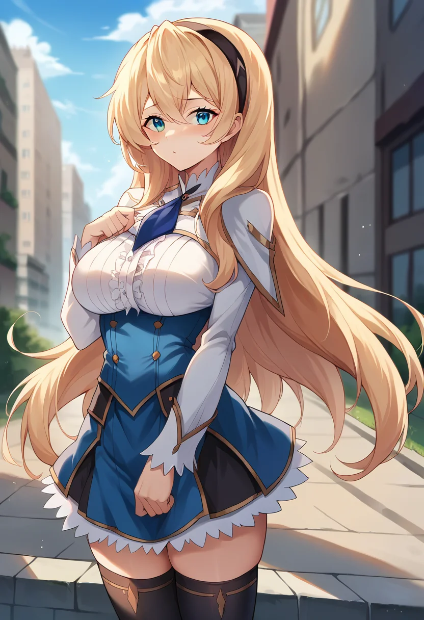 score_9, score_8_up, score_7_up, source_anime, masterpiece, 1girl, ctiancelesti4, blue necktie, white capelet, long sleeves, underbust, blue skirt, emblem, black thighhighs, frills, frilled skirt, looking at viewer, outdoors, city, depth of field, day, sunny, <lora:Celestia_Ralgris_pony_ct:1>