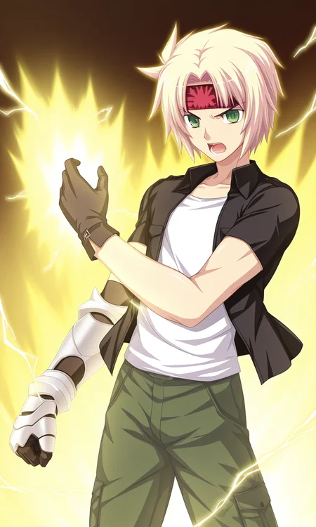 1boy, solo, ryuichiexaexsfa, blonde hair, short hair, parted bangs, green eyes, print headband, jacket, short sleeves, tanktop, single glove, single gauntlet, green pants, electricity, yellow aura, glowing, cowboy shot, open mouth, serious,