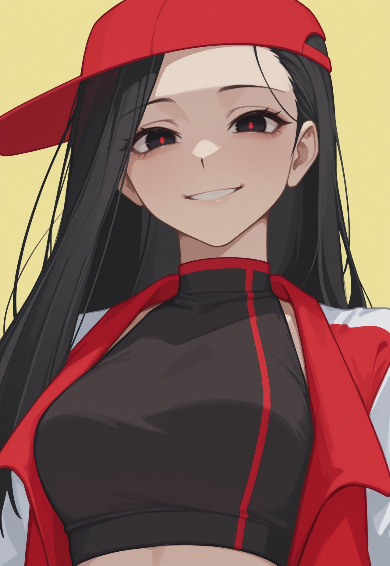 anime, masterpiece, best quality, detailed background, 8k, 1girl, solo, YiXi, black hair, long hair, black eyes, red pupils, baseball cap, red cap, sideways cap, black crop-top, jacket, red and white jacket, smile, yellow background, half body, face focus, close-up, staring at viewer, no pose