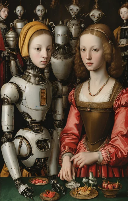 masterpiece,best quality,<lora:tbh185-sdxl:0.8>,illustration,style of ambrosius benson, portrait of Housework robots