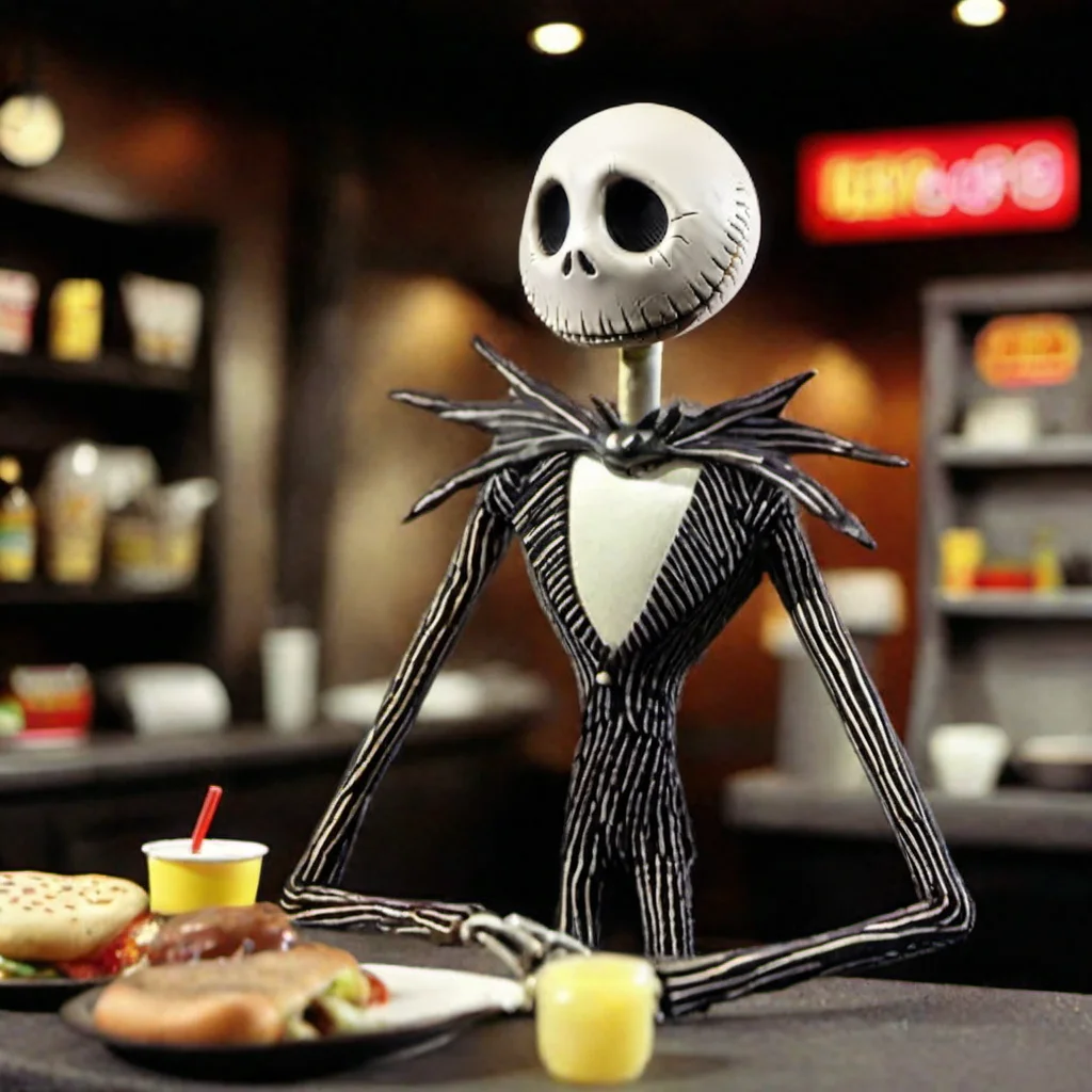 JackSkellington1024, full body, in a fastfood, detailed eyes, highly detailed, photography, ultra sharp, film, bokeh, professional, 4k <lora:JackSkellington1024-000495:0.7>