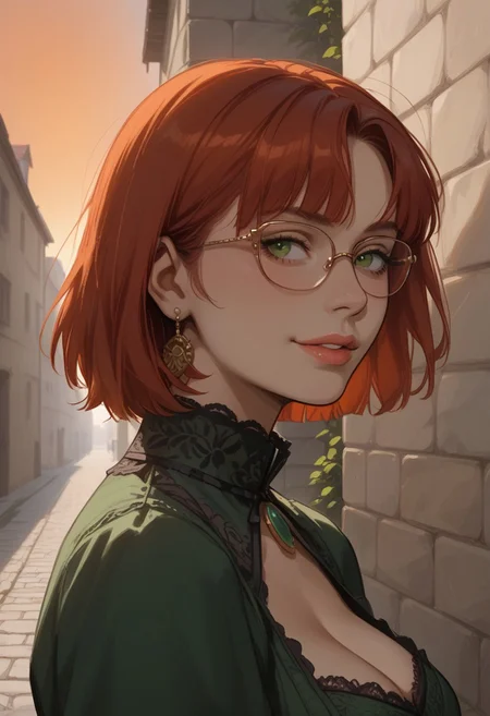 score_9,score_8_up,score_7_up,score_6_up,score_5_up, masterpiece, best_quality, ultra-detailed, from side, close up, face focus
BREAK
1girl, solo, short red hair, bangs, green eyes, aviator glasses, large breasts, standing, smiling, green victorian dress
BREAK
garden, stone wall, cobblestones, sunset, orange sky