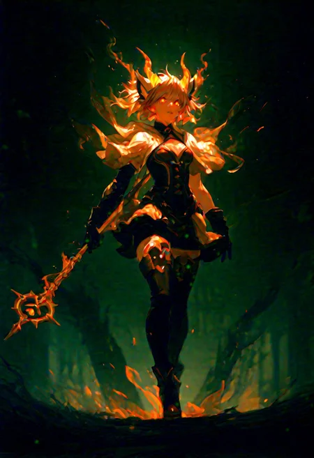 masterpiece, best quality, very aesthetic, absurdres, 
scifi, fantasy, masterpiece, best quality, great composition, four arms, many limbs, asymmetry, asymmetrical arms, holding enormously big magic staff enchanted with the souls of the damned, Creepy magical girl that appears ghostly and otherworldly. Her form hovers above the ground, giving it an ethereal and unsettling presence. Black messy hair, horns. She is wearing yellow steampunk dress, brown shorts, black tights, brown boots, black gloves. with sharp, jagged features that make it look both menacing and unnatural. Her face is evil but beautiful, wide smile, obscured, often appearing as a shadowy void or with glowing eyes that pierce through the darkness.
Her arms are elongated and end in claw-like appendages, giving it a sinister, predatory look. Her lower body fades into a swirling mist and fire, emphasizing its incorporeal nature. She moves fluidly, as though gliding effortlessly, and her presence is often accompanied by an eerie glow or shimmering aura.