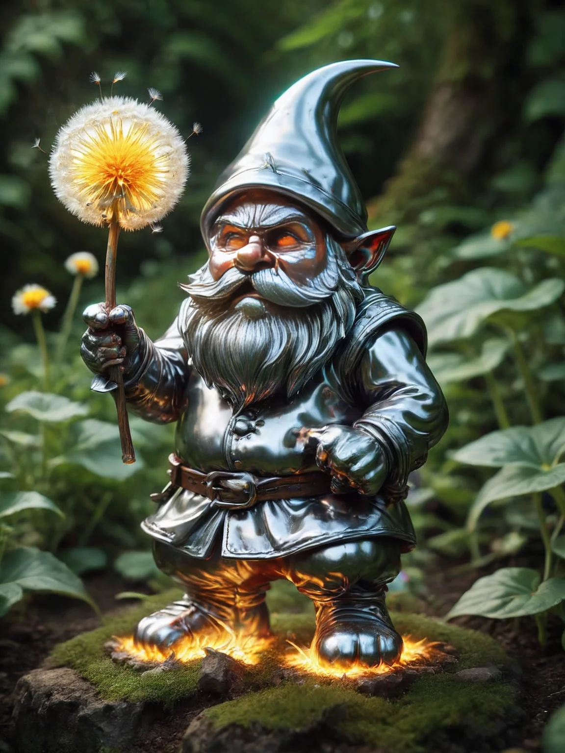 ais-moltenz garden gnome in a fierce battle pose, wielding a miniature dandelion <lora:Molten_Metal_SDXL:1>