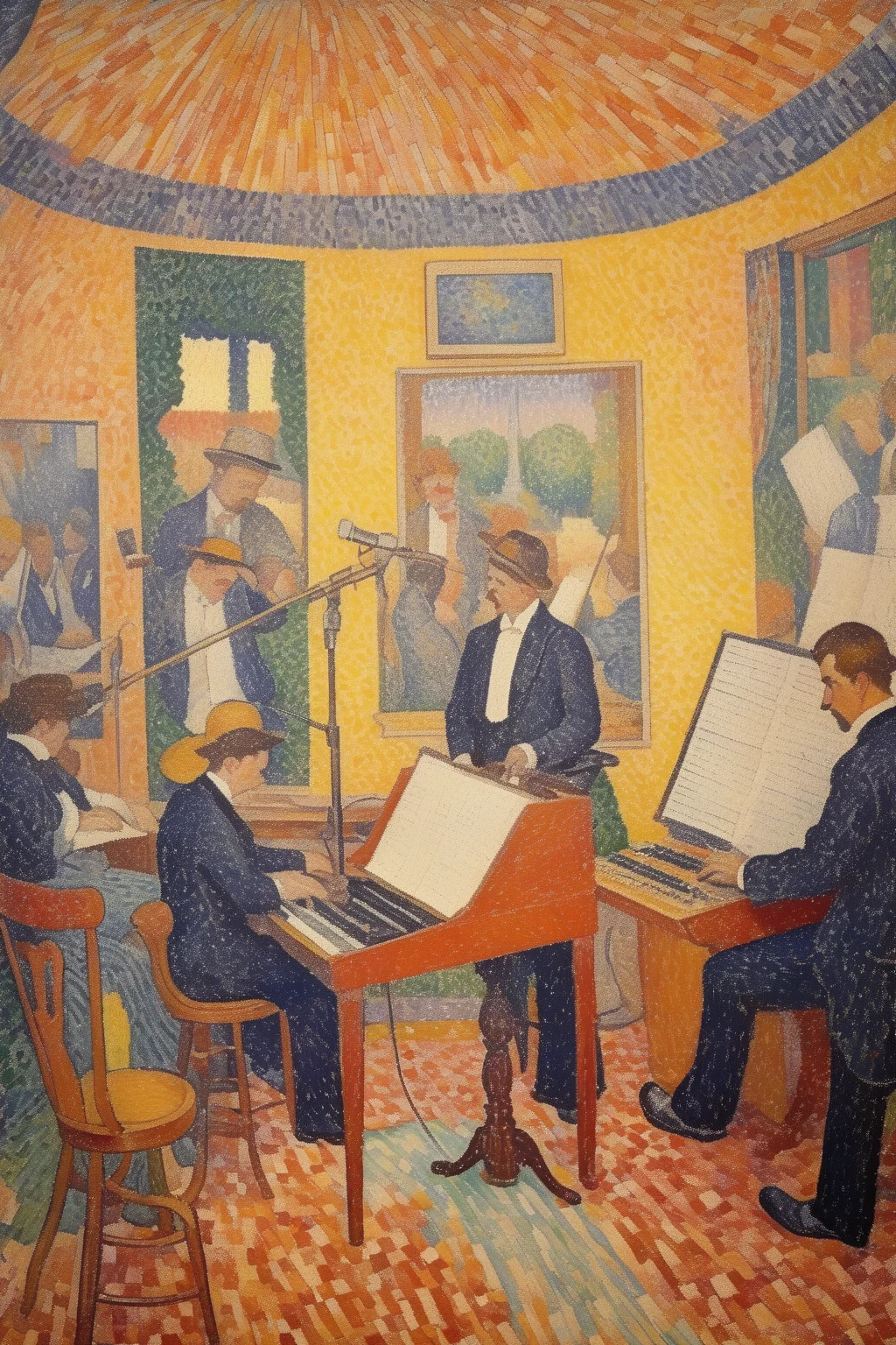 <lora:Paul Signac Style:1>Paul Signac Style - henri edmond cross painting of a recording studio