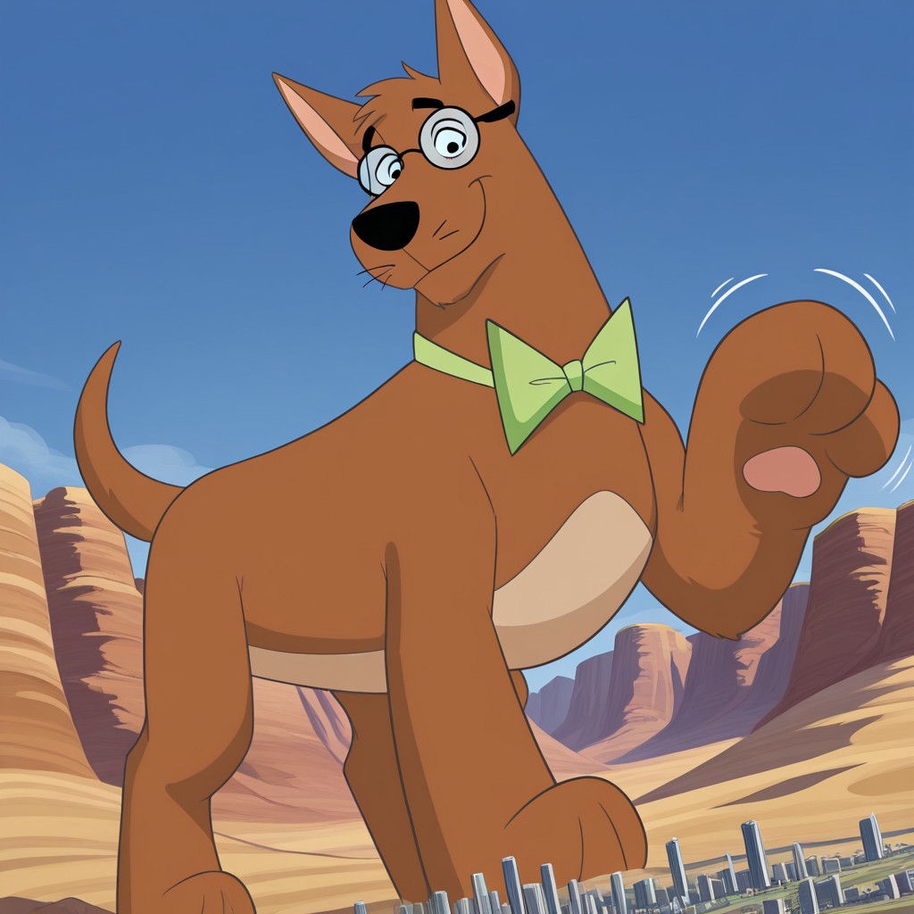 score_9, score_8_up, score_7_up, score_6_up, (source_furry), BREAK, high quality, detailed, best quality, amazing quality, 1boy,solo, furry male, anthro, Juniorsfather, furry, pointy ears, feral, canine, dog, black nose, brown body, brown fur,body fur,detailed cityscape, taking up the whole screen, newest, highres, masterpiece, extreme detail, giantess, male, landscape dwarfing,standing,impact, growth lines,close-up, looking down at viewer, smug, beige belly, sky, blue sky, day, tail, glasses, green bowtie, big paws, dunes
