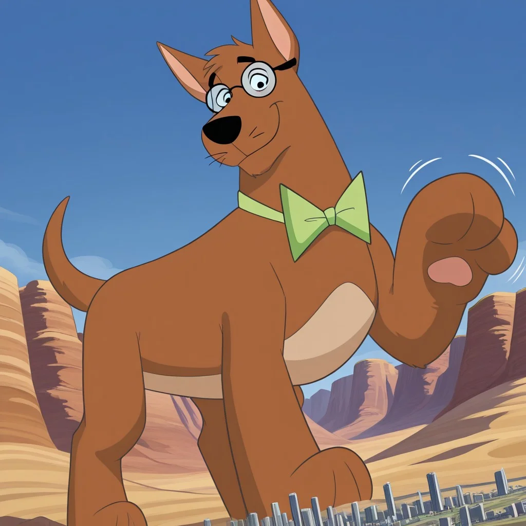 score_9, score_8_up, score_7_up, score_6_up, (source_furry), BREAK, high quality, detailed, best quality, amazing quality, 1boy,solo, furry male, anthro, Juniorsfather, furry, pointy ears, feral, canine, dog, black nose, brown body, brown fur,body fur,detailed cityscape, taking up the whole screen, newest, highres, masterpiece, extreme detail, giantess, male, landscape dwarfing,standing,impact, growth lines,close-up, looking down at viewer, smug, beige belly, sky, blue sky, day, tail, glasses, green bowtie, big paws, dunes