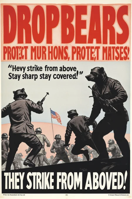 war poster Bold capital letters in deep red and black at the top of the poster read: "DROP BEARS â PROTECT YOUR HEAD, PROTECT YOUR MATES!". Below, smaller text reads: "They strike from above â Stay sharp, stay covered!
