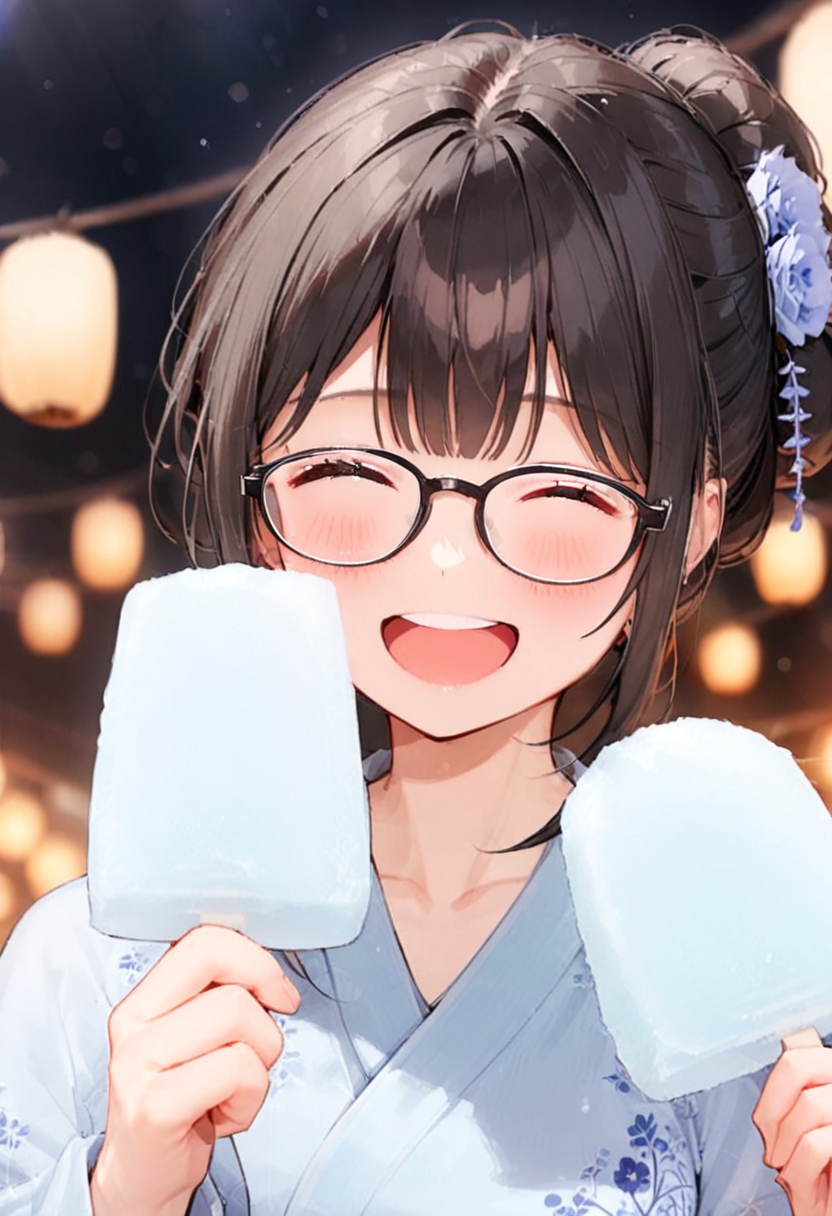 masterpiece, best quality, very aesthetic, absurdres,
1girl, solo, glasses, black hair, food, long hair, blush, holding, holding food, yukata, floral print, hair ornament, hair flower, hair bun, uchiwa, paper fan, paper lantern, night, blurry background, happy, laughing,  
garigarikun, 
<lora:garigarikun_SDXL_V1:1>