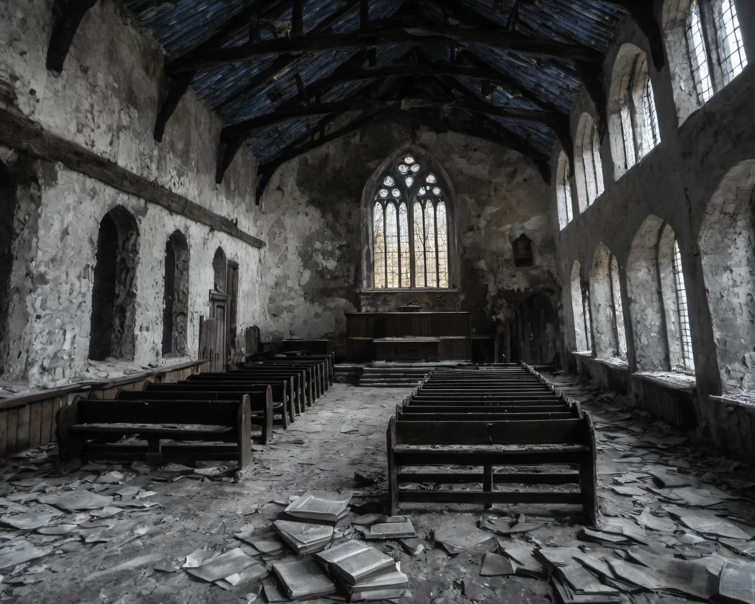 best quality, realistic, vray, hdr, in a post-apocalyptic crumbling church, silent bell tower, dusty pews, shattered stained glass, faded bible., by Julia Margaret Cameron, <lora:Chenorbyl_v1:0.8> Chern4byl enviroment