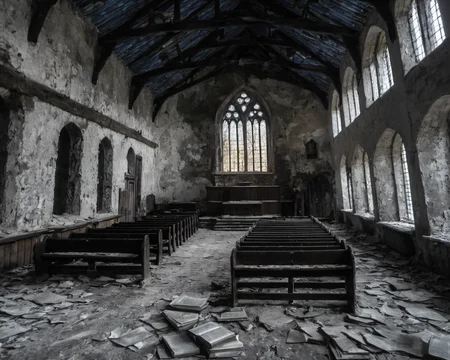 best quality, realistic, vray, hdr, in a post-apocalyptic crumbling church, silent bell tower, dusty pews, shattered stained glass, faded bible., by Julia Margaret Cameron,   <lora:Chenorbyl_v1:0.8> Chern4byl enviroment