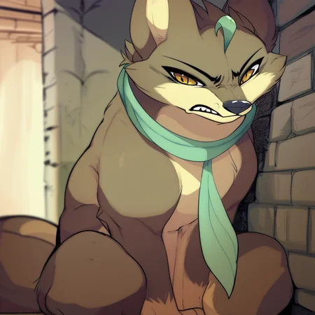 score_9, score_8_up, score_8, furry, wrath, wolf, brown/tan fur, green ahoge, green scarf, cartoon style, 2d, feral, solo, sitting, looking at viewer, angry, inside, against wall