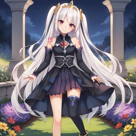 score_9, score_8_up, score_7_up, source anime, BREAK, <lora:Ivris:0.7> , ivdef, 1girl, long hair, very long hair, white hair, two side up, sidelocks, purple eyes, tiara, ring hair ornament, bare shoulders, shoulder tattoo, sleeveless dress, halterneck, long dress, black dress, high-low skirt, purple skirt, pleated skirt, skirt under dress, detached sleeves, black sleeves, sleeves past wrists, thighhighs, black thighhighs, anklet, boots, <lora:m4gXLP:0.55> , m4g, looking at viewer, night, garden, <lora:backgroundsetXL:0.2> , background, (solo), smile, head tilt, <lora:hand 4:0.4> , Hand, hands, perfect hands,