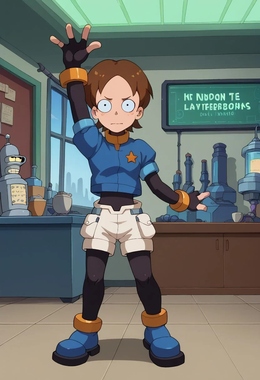 score_9, score_8_up, score_7_up, english text, 1girl, small breasts, brown hair, short hair, circle eyes, dot pupil, overbite, robot ears, black bodysuit, fingerless gloves, blue Cropped Jacket, cropped jacket, short sleeves, bracelet, shorts, anklet, shoes, blue footgear, henshin pose, arm up, looking at viewer, legs apart, outstretched arm, standing, source_cartoon, futuramastyle, indoors, laboratory, black pantyhose