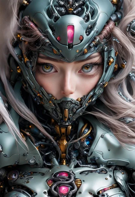 Super Closeup Portrait, petite french Girl, Freckles, escher, ghost in the shell, a sensual robot from metropolis, tiny Plasma hoses, blade runner, Robot Like busty puppet master Cyborg, Metal, Cybernetic, fuzzy like, Long Metal hairy Strings, fluffy, devouring, blushed seducing shy Look from beneath, Tesla electric hairband and Cape and Hair in Wind, Wind Vortex, tanslucent, levitating Maschine gun, Lots of screws wires and modules, circuits