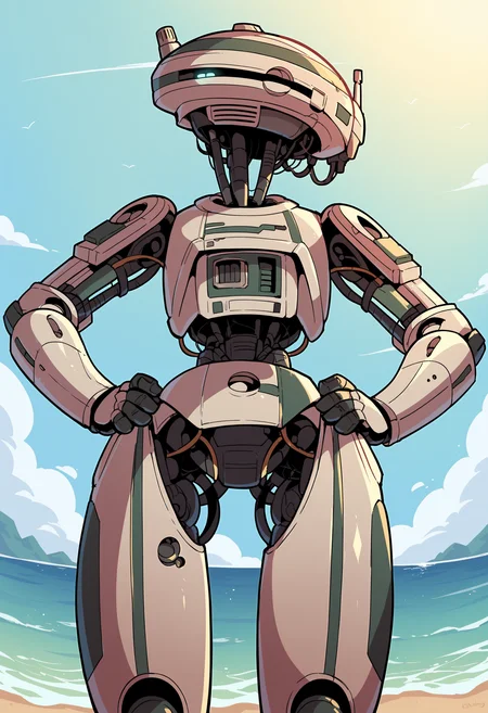 score_9, score_8_up, score_8, source_anime, 1girl, <lora:L337:0.95> solo, no humans, robot, humanoid robot, helmet, blush, cute pose, hands on hips, view from below, looking at viewer,
beach background, ocean,