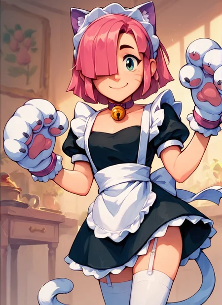 score_9, score_8_up, score_7_up , <lora:pawlette:1> 1girl, human , pawlette ,animal ears, cat tail , pink hair, hair over one eye, maid headdress, bracelet ,necklace, neck bell, maid, short dress, White Stockings , paw gloves ,solo smile ,