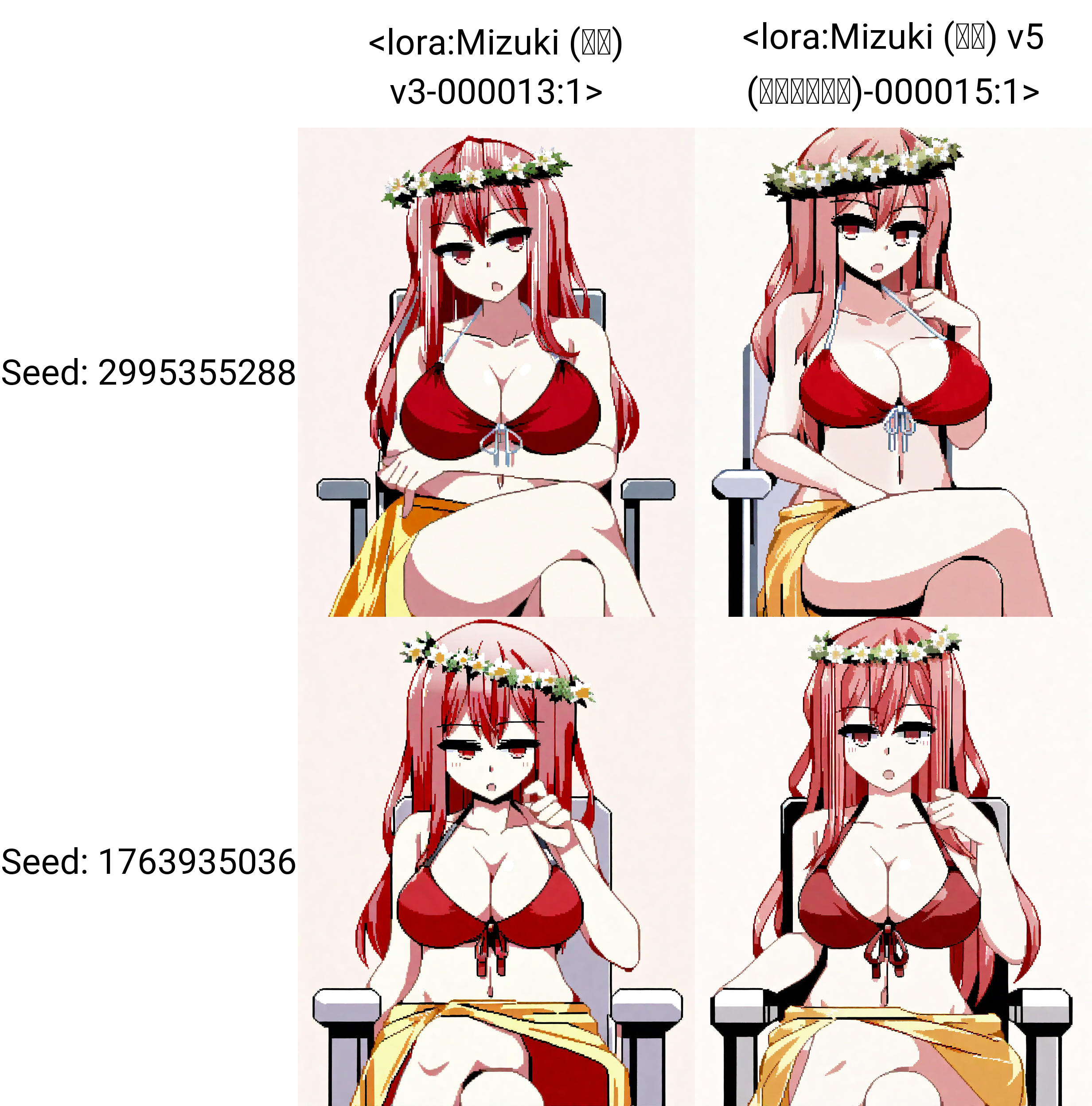 character: Mizuki (ç¾æ), 1girl, solo, sitting on chair, long hair, pink hair, large breasts, flower, red eyes, white head wreath, pixel art, :o, yellow sarong, cleavage, navel, collarbone, red bikini, front-tie bikini top<lora:Mizuki (ç¾æ) v3-000013:1>, crossed legs,