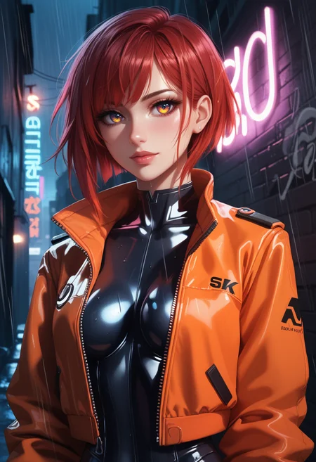 score_9, score_8_up, score_7_up, source_anime,
1girl, sk997cos_bodysuit, sk01 jacket,
orange jacket,
red hair,
short hair ,
perfect eyes,
close up, portrait, neon lights, rain, depth of field, bokeh, dramatic lighting, rays of light,
graffiti, dim lighting, alley, looking at viewer, dynamic pose,
cyberpunk city,
<lora:997sk cosplay PonyV3:0.8>