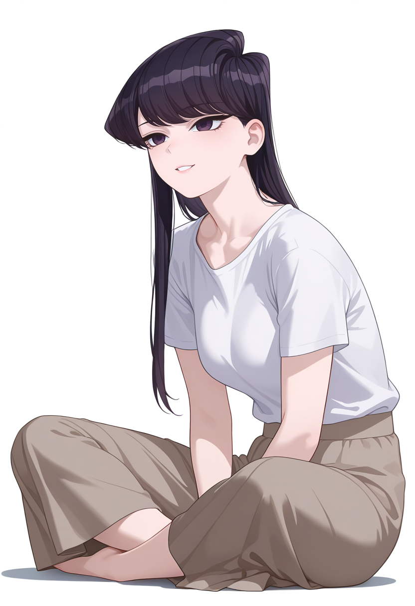 Smooth Quality,masterpiece,very intricate, high quality details, ultra realistic, high detailed skin,detailed enviorement,
simple background, white background, crazy smile,
indian style, solo, 
long skirt, ,shirt, , <lora:Komi_Shouko_cnn:0.8> komi shouko, 1girl,black hair, long hair, bangs, purple eyes,
