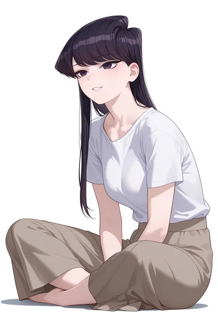 Smooth Quality,masterpiece,very intricate, high quality details, ultra realistic, high detailed skin,detailed enviorement,
simple background, white background, crazy smile,
indian style, solo, 
long skirt, ,shirt, , <lora:Komi_Shouko_cnn:0.8> komi shouko, 1girl,black hair, long hair, bangs, purple eyes,