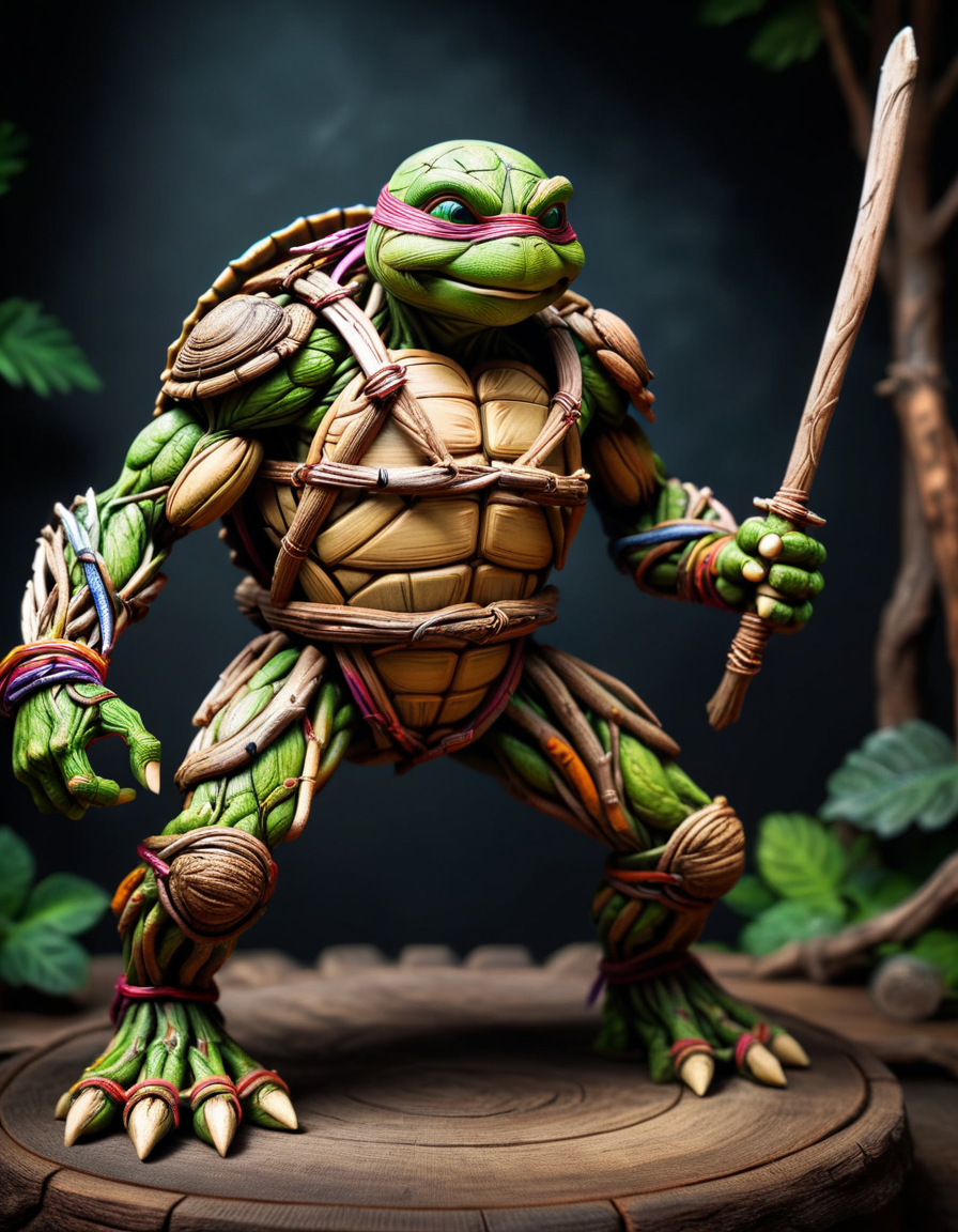 Muscular, teenage ninja turtle, in an imposing position, with a dark background, but with vibrant colors on its body. decorated with amber accents, masterpiece of art, visually stunning, intricate details, sharp focus, 55mm f/ 1.8 lens, depth of field, natural daylight <lora:ral-tr33brnch:1> ral-tr33brnch