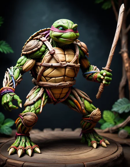 Muscular, teenage ninja turtle, in an imposing position, with a dark background, but with vibrant colors on its body. decorated with amber accents, masterpiece of art, visually stunning, intricate details, sharp focus, 55mm f/ 1.8 lens, depth of field, natural daylight <lora:ral-tr33brnch:1> ral-tr33brnch
