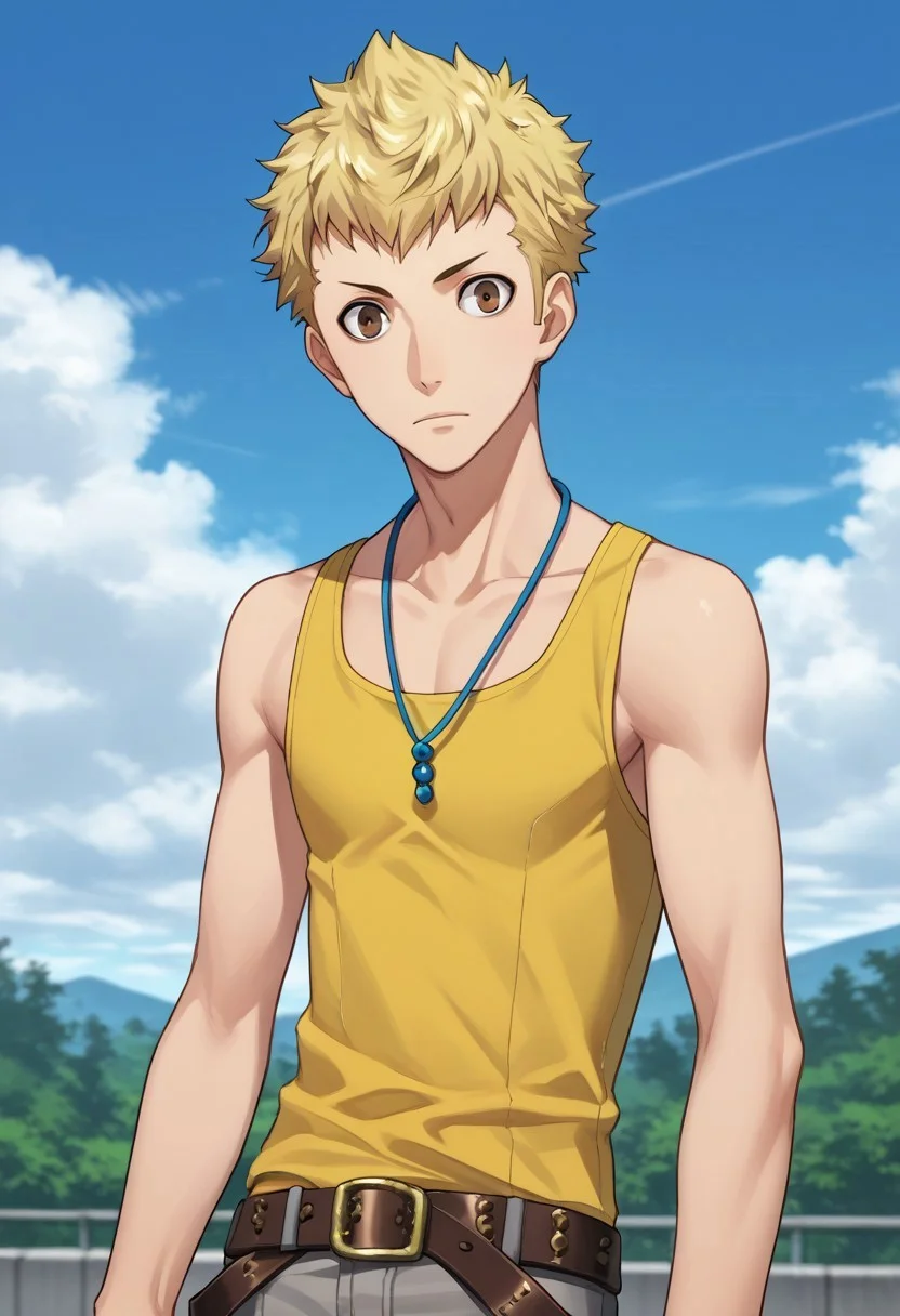 score_9, score_7_up, source_anime
ryuji, 1boy, male focus solo, brown eyes, blonde hair, short hair, tank top, yellow tank top, jewelry, necklace, belt, pants, grey pants,
outdoor, sky,