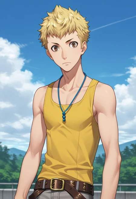 score_9, score_7_up, source_anime
ryuji, 1boy, male focus solo, brown eyes, blonde hair, short hair, tank top, yellow tank top, jewelry, necklace, belt, pants, grey pants,
outdoor, sky,