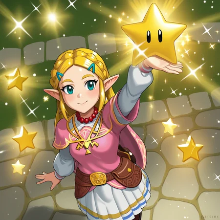 score_9, score_8_up, score_7_up, score_6_up, score_5_up, score_4_up, zPDXL2,source_anime,rating_questionable,  <lora:SuperStar:0.8> sup3rst4r, star (symbol), sparkle, arm up, open hand, high angle, princess zelda, smile,