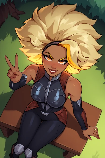 score_9, score_8_up, score_7_up, score_6_up, BREAK, RellLoLXL, dark skin, colored skin, orange eyes, blonde hair, yellow hair, afro, big hair, two-tone hair, medium breasts, armor, black bodysuit, detached sleeves, black elbow gloves, black pants, black shoes, solo, sitting, above view, peace sign, seductive smile, looking at viewer, naughty face, nose blush, forest <lora:RellLoLXL:1>
