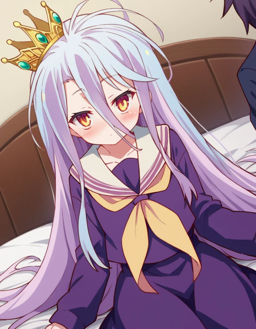 score_9, score_8_up, score_7_up, source_anime,
ngnlshiro, <lora:ngnl-shiro-s1-ponyxl-lora-nochekaiser:1>
shiro, long hair, hair between eyes, very long hair, white hair, messy hair, yellow eyes,
crown, shirt, long sleeves, school uniform, serafuku, sailor collar, neckerchief, white sailor collar, yellow neckerchief,
indoors, bed, bed room, on side, blush, drunk,
looking at viewer, dutch angle, cowboy shot