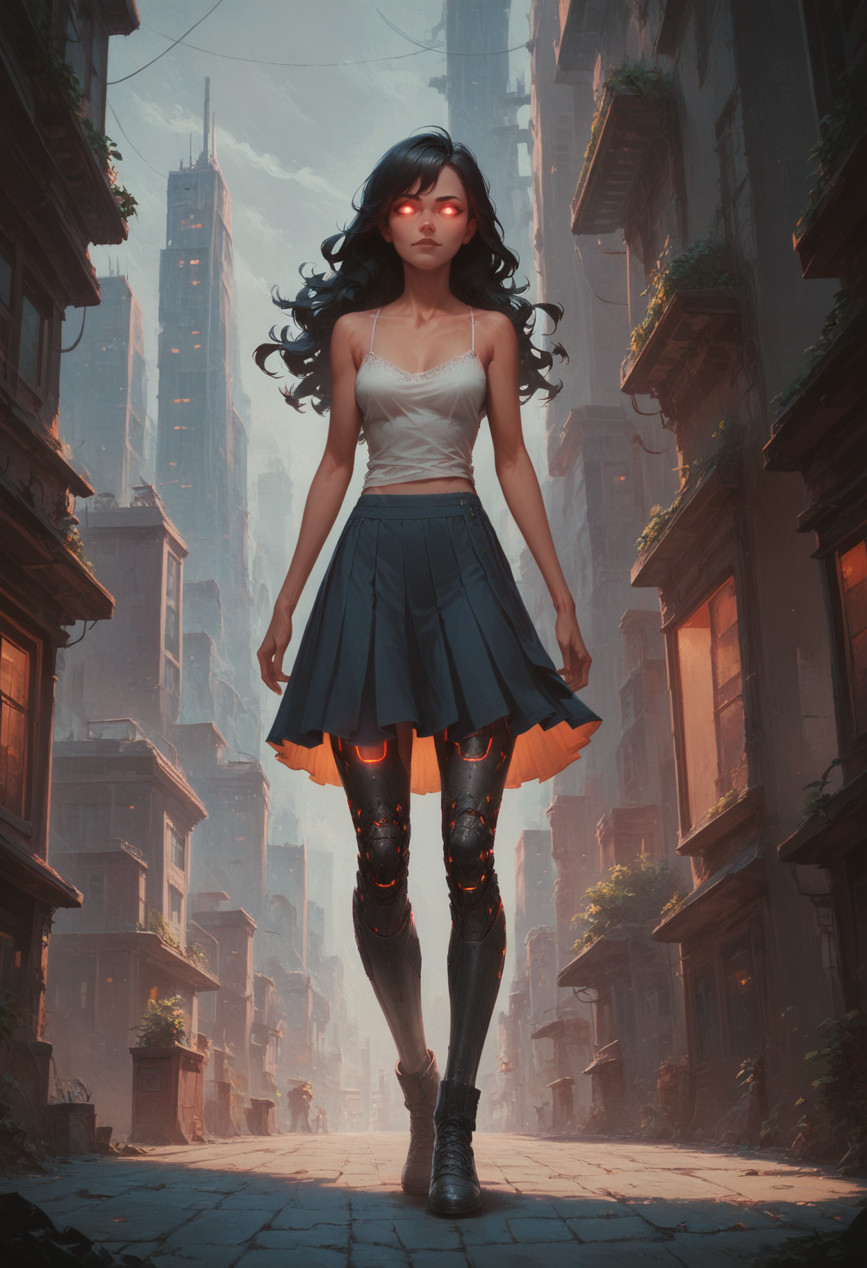(score_9_up, score_8_up:1.2), 1girl, long wavy black hair, glowing eyes, camisole, skirt, city, robotic legs, concept art, <lora:Cyberlegs:0.5>, <lora:Concept Art Ultimatum Style LoRA_Pony XL v6:0.8>, <lora:aesthetic:4>, <lora:RMSDXL_Enhance:2>, <lora:xl_more_art-full_v1:0.5>
