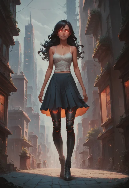(score_9_up, score_8_up:1.2), 1girl, long wavy black hair, glowing eyes, camisole, skirt, city, robotic legs, concept art, <lora:Cyberlegs:0.5>, <lora:Concept Art Ultimatum Style LoRA_Pony XL v6:0.8>, <lora:aesthetic:4>, <lora:RMSDXL_Enhance:2>, <lora:xl_more_art-full_v1:0.5>