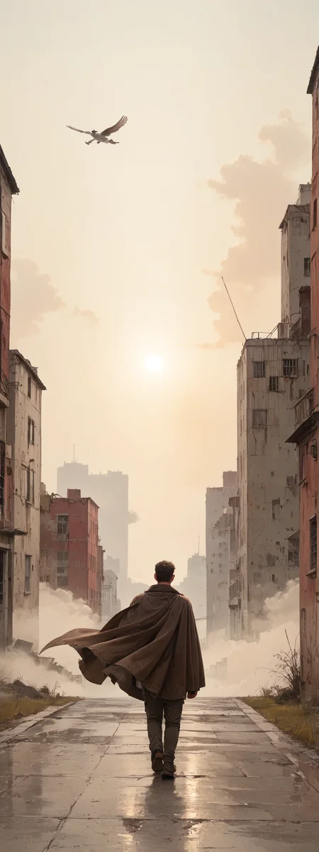 score_6up, a lonely man, sunglasses, walking to us, a lot of jewelry on his arms, he wear a long brown cape flying in the wind, in a post apocalyptic city, warm colors, <lora:LOREVER-style_ponyXL:1.0>