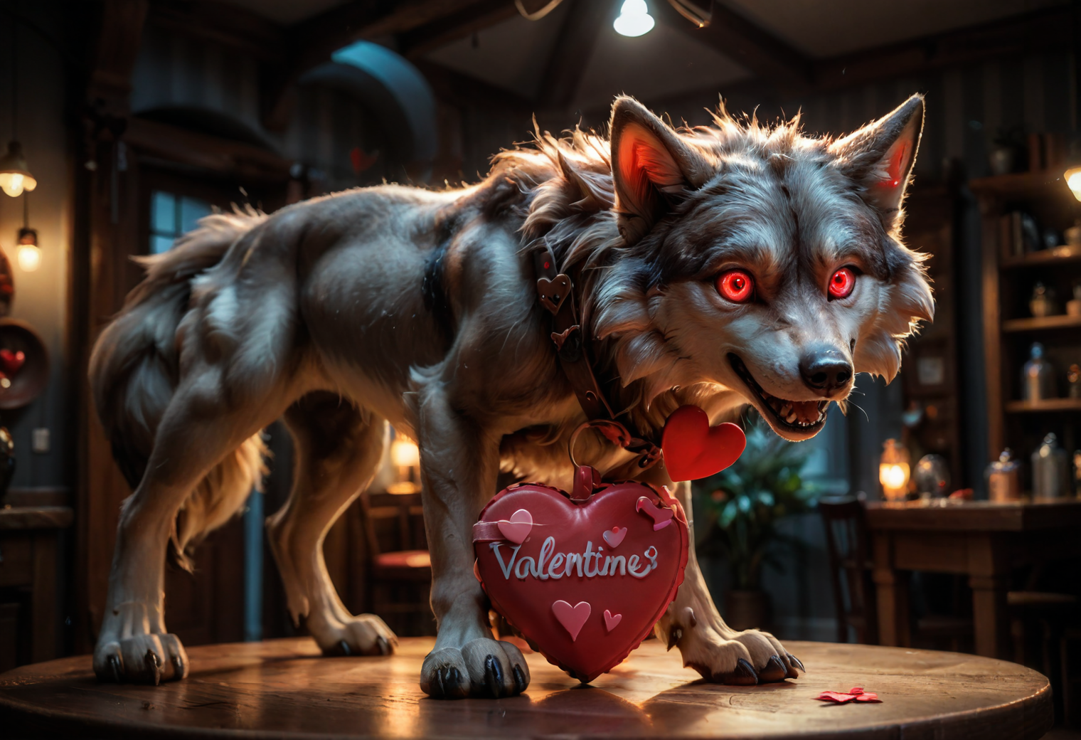 side viewfrom below, cute whimsical resin figurine of (wolf:1.26), detailed features, (floating hearts:1.33), in love, (heart-shaped eyes:1.22),  holding red heart, (passing heart towards viewer:0.95), (animal valentine:1.19), p16<lora:sdxl\oldPhoto_v1.0.safetensors:0.86:0.18>  
p16,s3