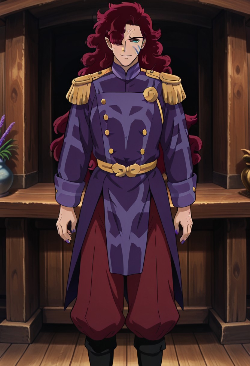 masterpiece, best quality, amazing quality, very aesthetic, absurdres, newest, huge filesize,
1man, solo, male focus, Kirinmaru, tall male, long hair, bulbous hair, pubic hair, hair over one eye, red hair, green eyes, scales on right cheek, scales on forehead, blue markings on left cheek, greyish-purple nails, sharp nails, Eric_royal_outfit, purple tailcoat, reddish  pants, gold epaulettes, reddish baldric, black boots, lavender collar and cuffs, gold embroidery, massive gold buttons, solo, mature male, handsome, standing, looking at viewer, on a medieval wooden ship