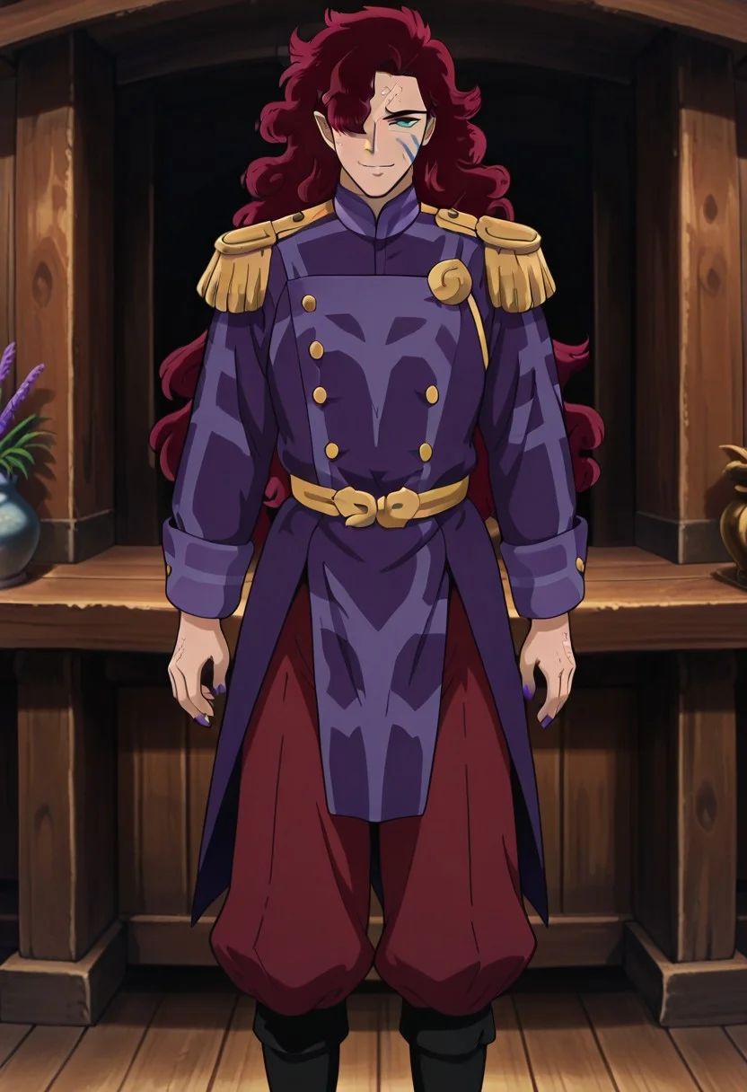 masterpiece, best quality, amazing quality, very aesthetic, absurdres, newest, huge filesize,
1man, solo, male focus, Kirinmaru, tall male, long hair, bulbous hair, pubic hair, hair over one eye, red hair, green eyes, scales on right cheek, scales on forehead, blue markings on left cheek, greyish-purple nails, sharp nails, Eric_royal_outfit, purple tailcoat, reddish pants, gold epaulettes, reddish baldric, black boots, lavender collar and cuffs, gold embroidery, massive gold buttons, solo, mature male, handsome, standing, looking at viewer, on a medieval wooden ship