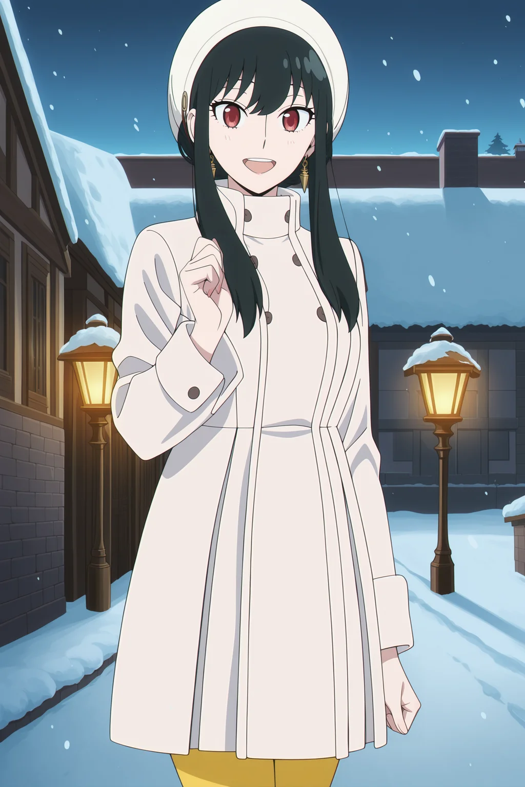 anime screencap, anime coloring, detailed face, masterpiece, best quality, very aesthetic, absurdres, volumetric lighting, official style, amazing quality, ultra detailed,  highres, amazing quality, scenery, beautiful detailed hair, beautiful detailed eyes, detailed fingers,
 <lora:All_of_Yor_ForgerBriars_outfits_Spy_x_Family:.9>
outside, snow, in a town,
Yor white coat (outfit), Yor Forger (character), yor briar, 1girl, solo, red eyes, black hair, smile, white hat, yellow pantyhose, cowboy shot, looking at the viewer, :D, earrings, jewelry, sidelocks