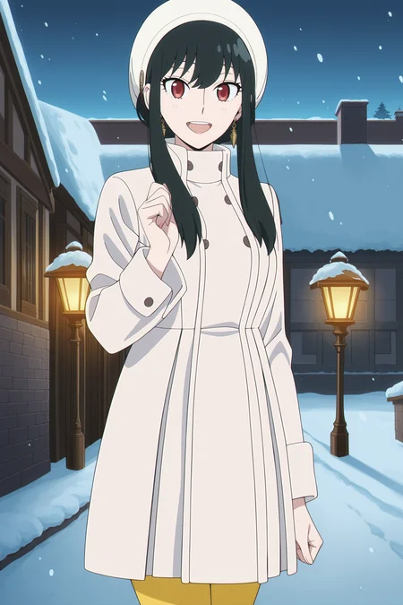 anime screencap, anime coloring, detailed face, masterpiece, best quality, very aesthetic, absurdres, volumetric lighting, official style, amazing quality, ultra detailed, highres, amazing quality, scenery, beautiful detailed hair, beautiful detailed eyes, detailed fingers,
<lora:All_of_Yor_ForgerBriars_outfits_Spy_x_Family:.9>
outside, snow, in a town,
Yor white coat (outfit), Yor Forger (character), yor briar, 1girl, solo, red eyes, black hair, smile, white hat, yellow pantyhose, cowboy shot, looking at the viewer, :D, earrings, jewelry, sidelocks