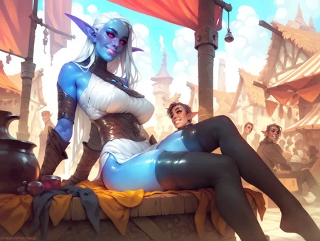 adult woman, dark elf, blue skin, large breasts, red eyes, smiling, white long hair, black assassins outfit, black thighhighs, sitting on the box, crowd, market, medieval town, calm style, <lora:CalmXL-000010:0.8>, score_9, score_8_up, score_7_up, score_6_up, source_cartoon, source_western