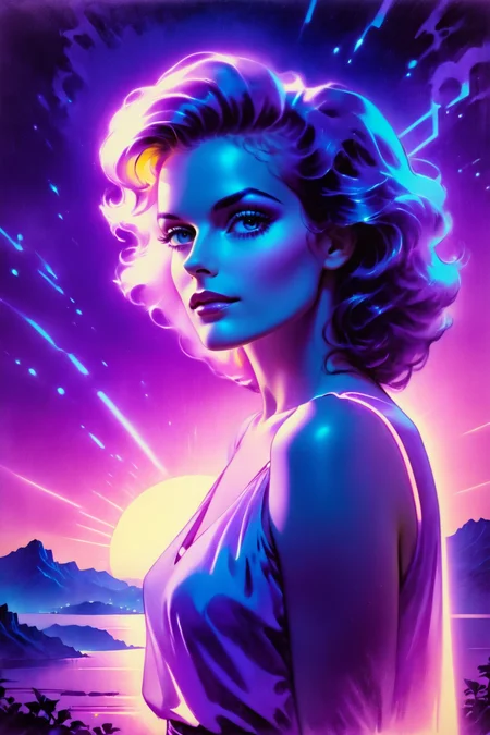 retro ink, portrait of a beautiful woman, neon, purple glow, breathtaking scenery <lora:Retro_Ink_SDXL:.8>