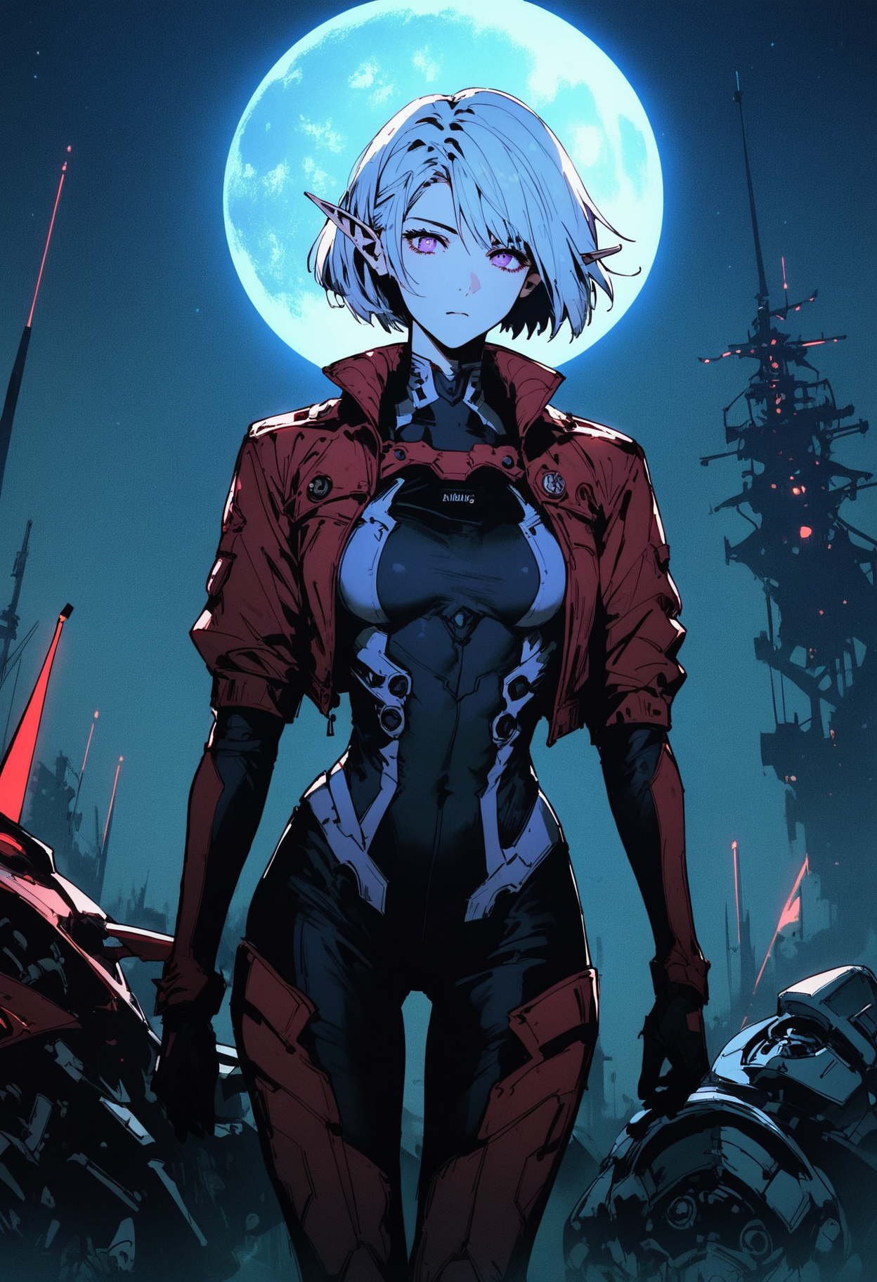 score_9, score_8_up, score_7_up,
1girl, purple eyes, silver hair, short hair, elf ears, medium breasts,
red leather jacket, black plugsuit,  breasts covered, standing confidently, thigh gap, moon, mecha, night, shoreline, dynamic lighting, high detail, vibrant colors,
<lora:Black_souls_style:0.8>, <lora:GTHAN:0.8>, <lora:Expressive_H:0.3>,