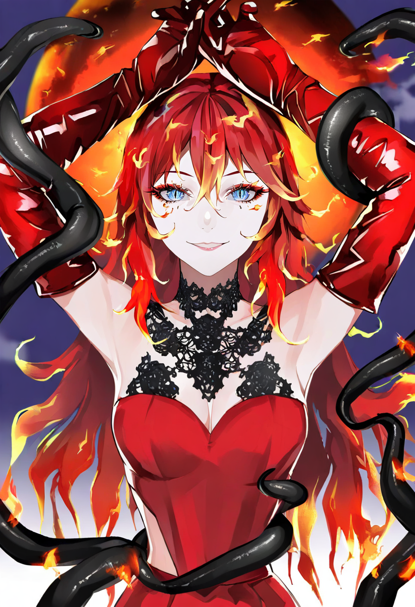1girl, gloves, long hair, solo, red hair, elbow gloves, dress, arms up, red dress, breasts, looking at viewer, armpits, red gloves, tentacles, hair between eyes, blue eyes, smile, makeup, parted lips, cleavage, medium breasts, bangs, fire, multicolored hair, moon, upper body <lora:LAMXL_NBVP1_lokr_V6311PZ:0.95>
