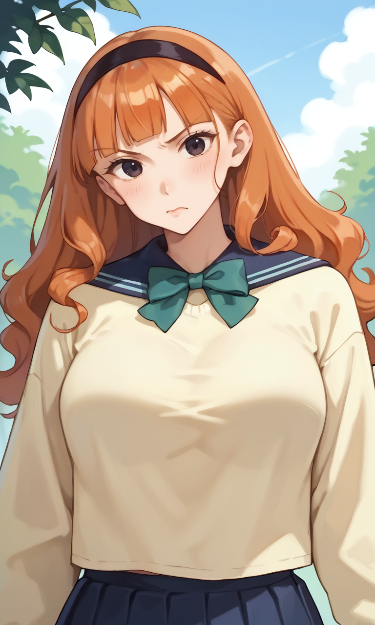 (1girl:1.5), (solo:1.3), (score_9, score_8_up, score_7_up, score_6_up, score_5_up, score_4_up), (source_anime), rating_questionable, (upper body:1.3), outdoors, bush, blue sky, keep out, keeping,
 (yellow sweater, oversized clothes, long sleeves, blue sailor collar, green bowtie, blue skirt, pleated skirt, miniskirt, white socks, black footwear), (large breasts), <lora:mari-classmate-orange_v1:0.7> (mari-classmate-orange), (black eyes, eyelashes, orange hair, long hair, curly ends hair, voluminous hair, blunt bangs, no sidelocks, black simple hairband, frown, angry)